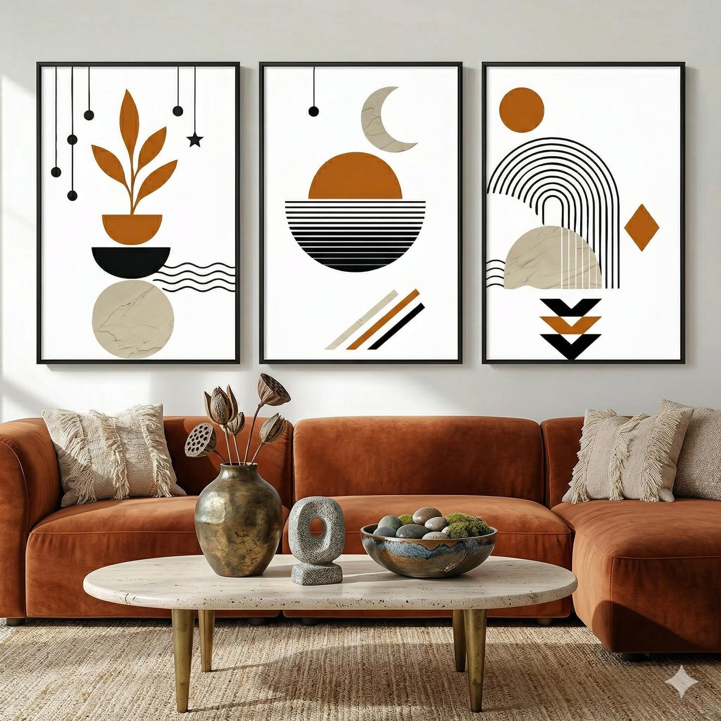 Throwback Traits Boho Abstract Wall Art Set of 3 Framed Prints 20x30, Celestial Moon Botanical Living Room Decor, Terracotta Earth Tones Gallery Wall Set, Ready to Hang