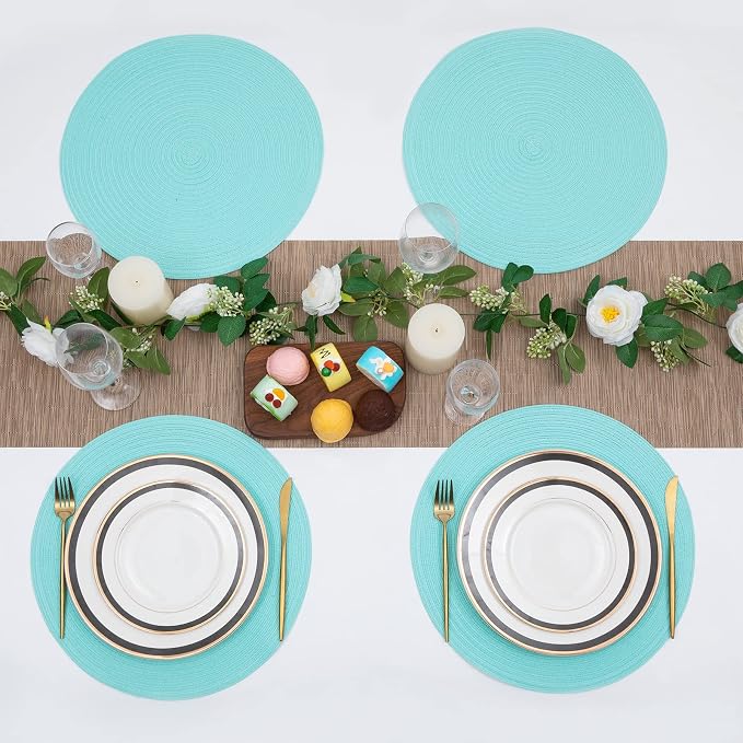 SHACOS Round Placemats Set of 4 Washable 15 inch Round Table Mats Cotton Polyester Woven Braided Place Mats for Dining Table Wedding Party Decor (Aqua, 4)