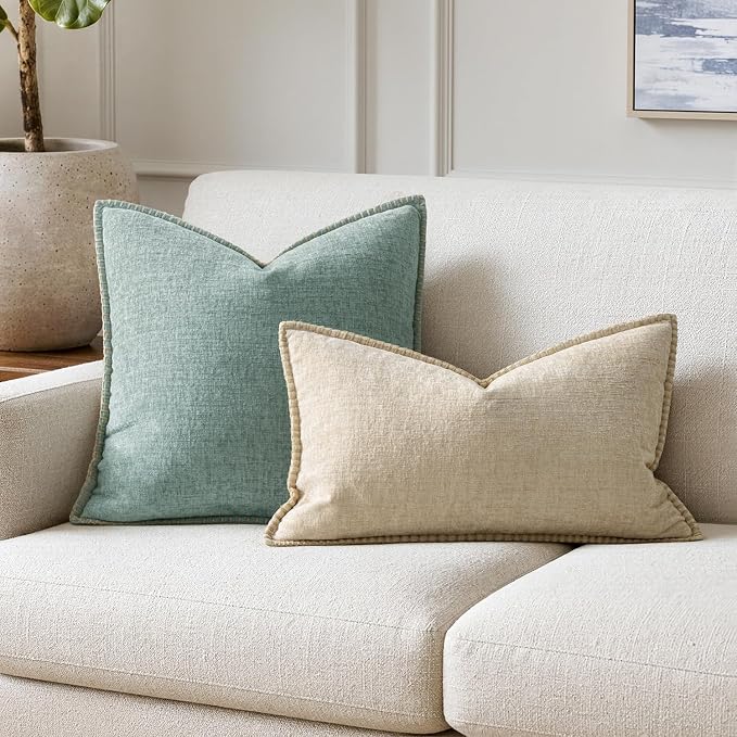 MIULEE Pack of 2 Lumbar Throw Pillow Covers 12x20 Inch Beige Farmhouse Decorative Pillow Covers with Stitched Edge Soft Chenille Solid Dyed Pillow Covers for Couch Sofa Bed Living Room
