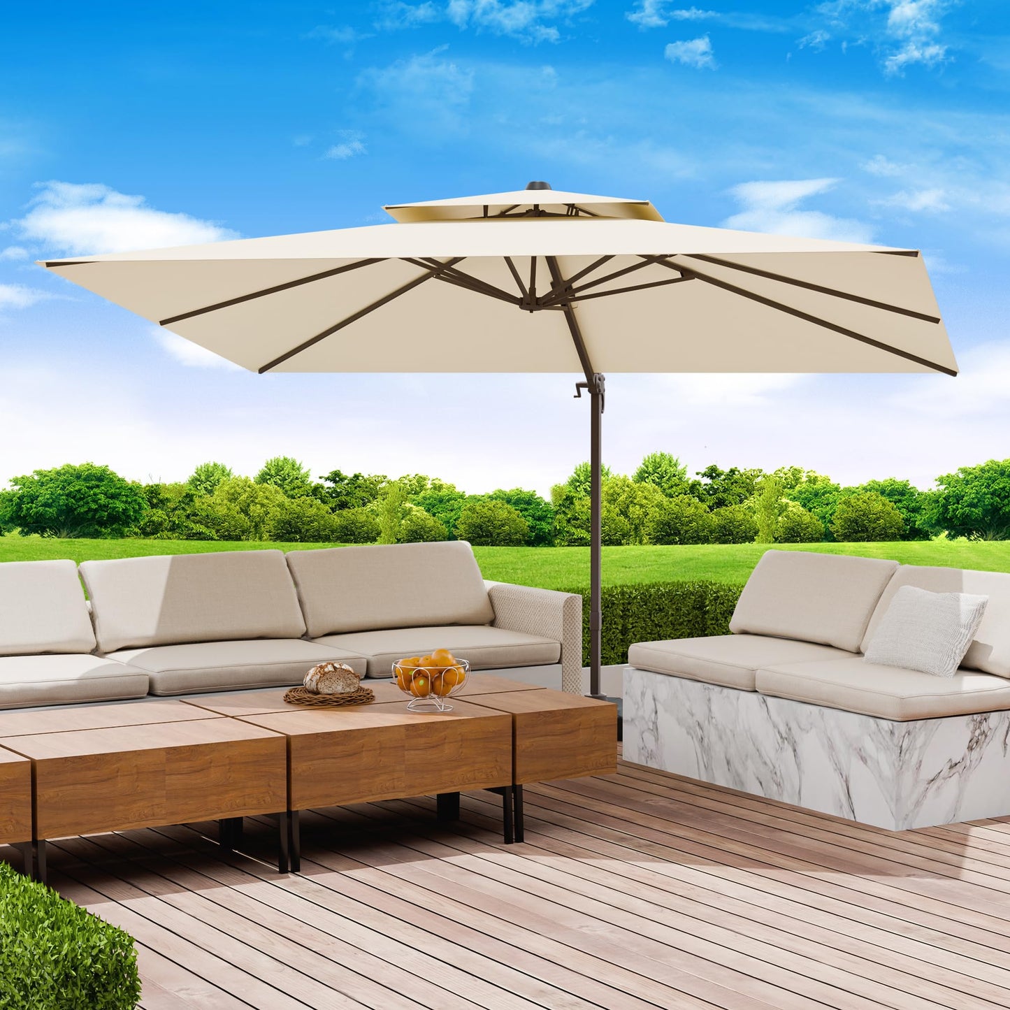 Jentafix 10x13 FT Patio Umbrella, Large Cantilever Rectangular Double Top Heavy Duty Offset Umbrellas with 360° Rotation, Outdoor shade for Garden Deck Pool Patio, Beige