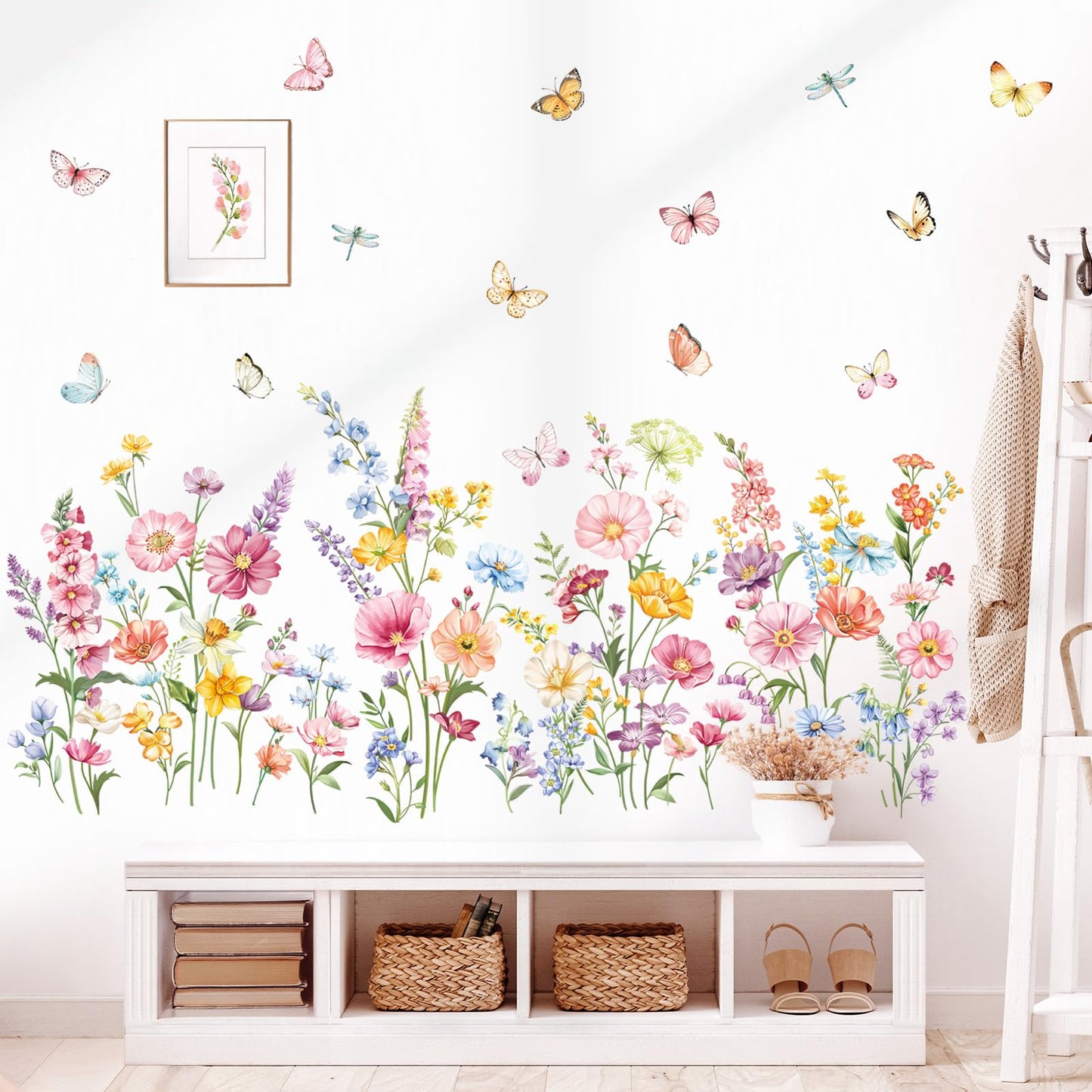 decalmile Flower Wall Decals Daisy Wildflower Grass Butterflies Wall Stickers Girls Bedroom Living Room Home Office Wall Decor