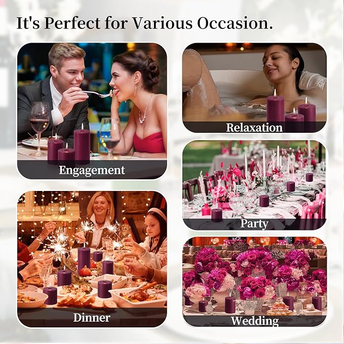 KONNI Purple Pillar Candles Set of 3, 3"x 6" Unscented Pillar Candles Bulk, 56 Hours Long Burning Candles, Smokeless&Dripless Large Round Candle for Wedding, Home Decoration, Parties, Spas, Dinner