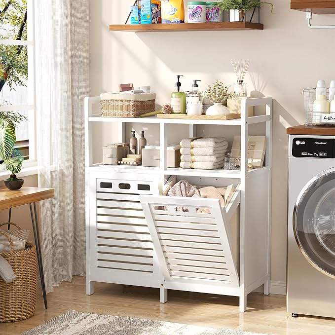 Homykic Tilt Out Laundry Hamper Cabinet, Bamboo Double Laundry Hamper with 2 Removable Laundry Baskets, 20 Gal Laundry Sorter Organizer with Shelf for Dirty Clothes, Bathroom, Laundry Room, White