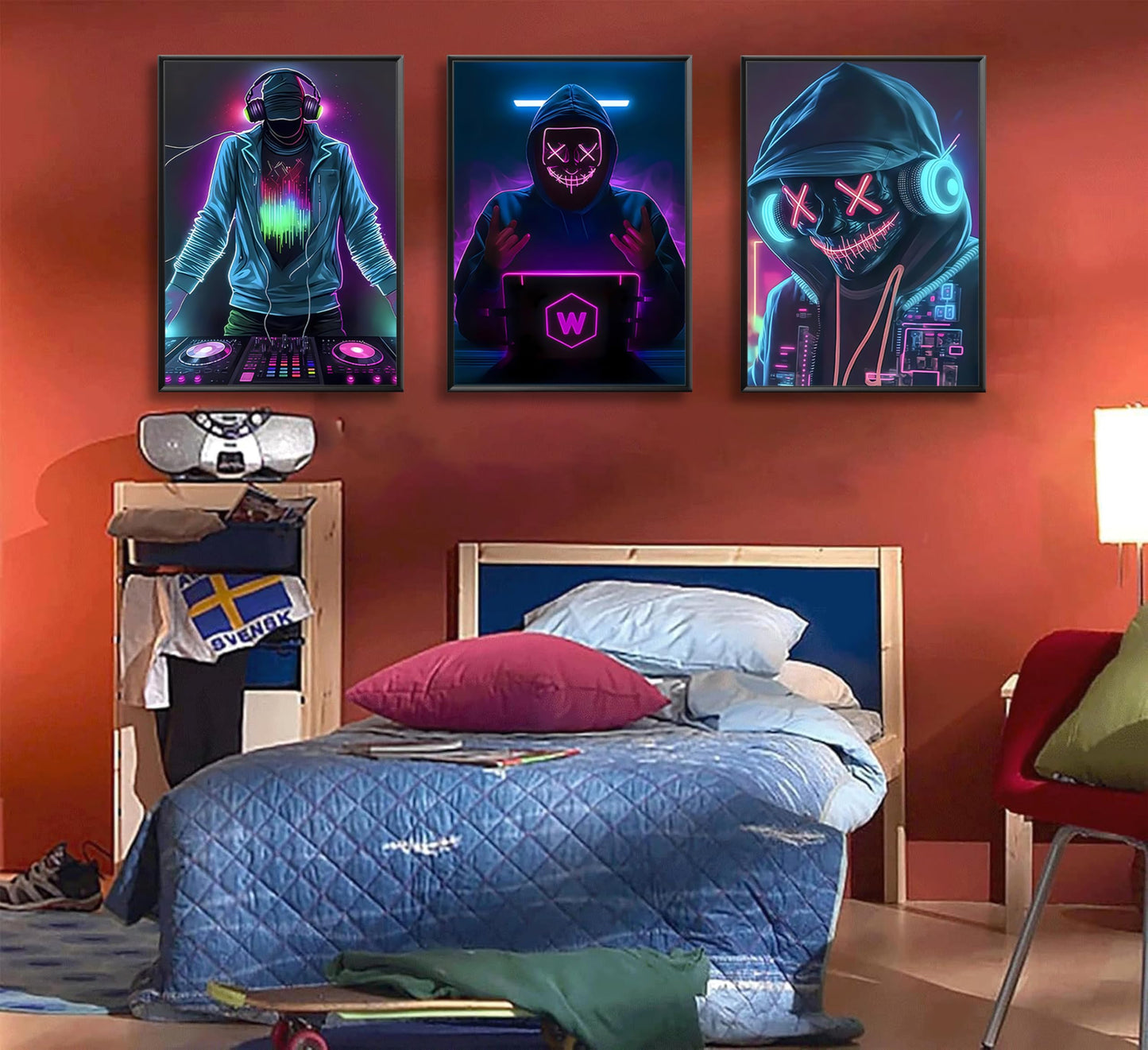 JWDXNOOK 3Pcs Cool Gaming Wall Art Neon Hooded Mask Character Pictures Posters Wall Decor Cyberpunk Canvas Paintings Prints for Teen Room Boy Bedroom Decoration Unframed