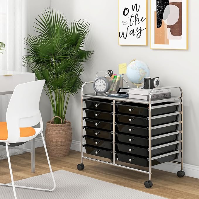 COSTWAY 12-Drawer Rolling Storage Cart, Utility Storage Organizer Cart for Tools, Scrapbook, Paper, Craft, Multipurpose Art Supply Organizer on Wheels for Home Office School, Teacher, Black