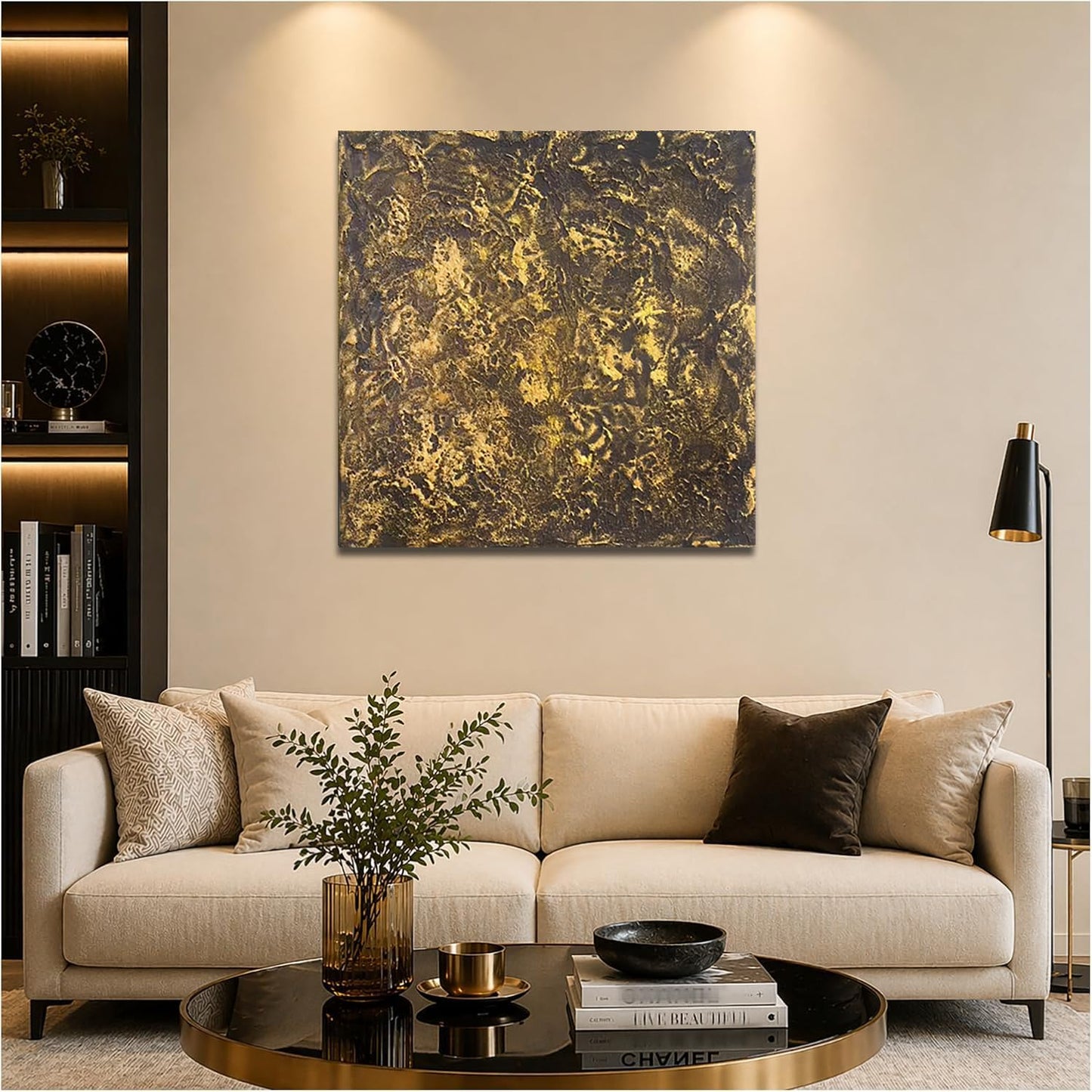 Rinsiken Hand Painted Black and Gold Abstract Wall Art 24x24 Inch Cotton Canvas Painting Ready to Hang Modern Decor for Living Room Office