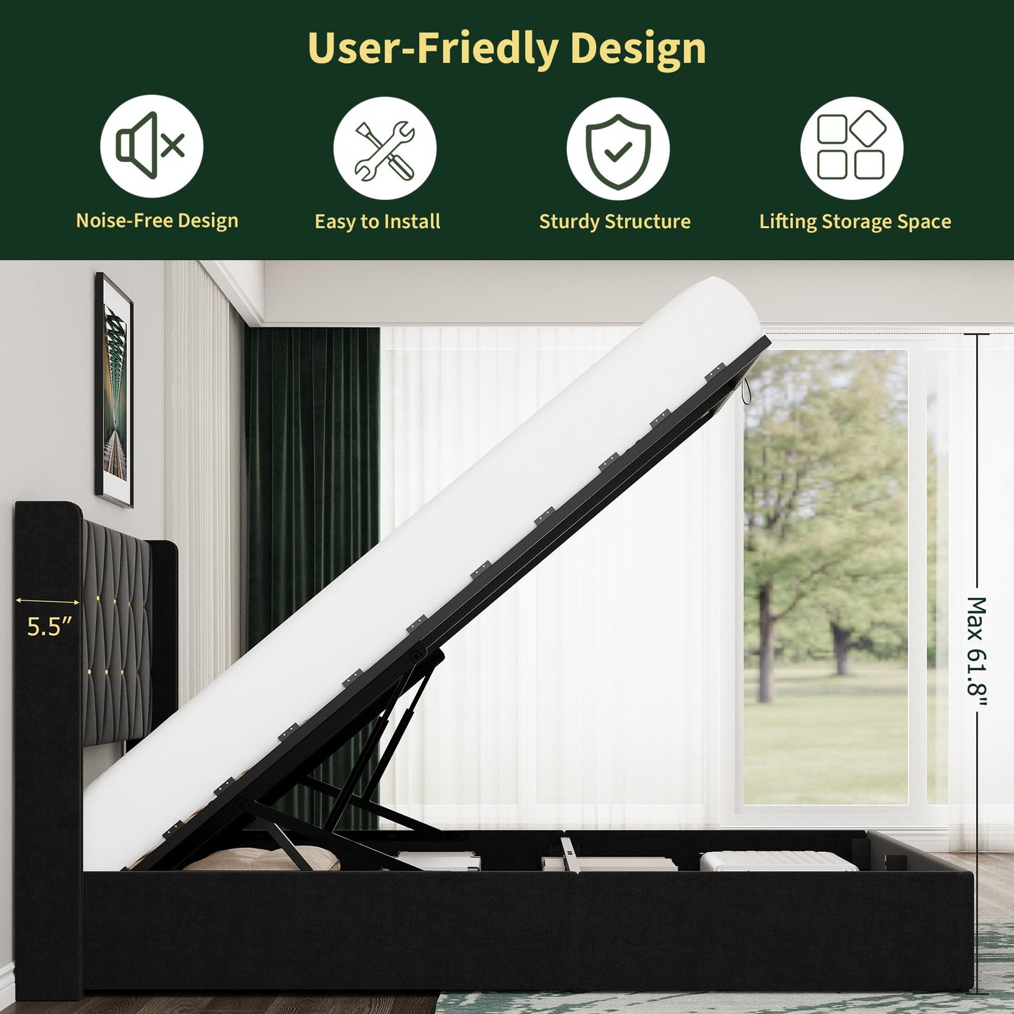 Garvee Queen Size Lift Up Storage Bed Frame with with Gold Wingback Headboard, Velvet Upholstered Bed Frame with Diamond Tufted Design & Gold Trim, Hydraulic Support, No Box Spring Needed, Black