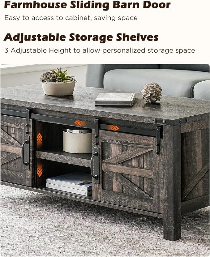 OKD 48" Farmhouse Lift Top Coffee Table with Sliding Barn Door,Rustic Center Table with Hidden Storage Compartment,Lifting Tabletop and Adjustable Shelf for Living Room,Office,Dark Rustic Oak