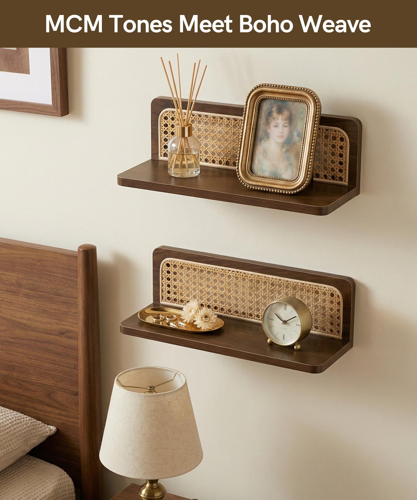 Mazjoaru Rattan Wall Shelf Mid Century Modern Decor Floating Shelves Walnut Boho Wall Decor Decorative Shelving Home Decor Living Room Bedroom Coffee Bar Bathroom Plant Photo 16inch