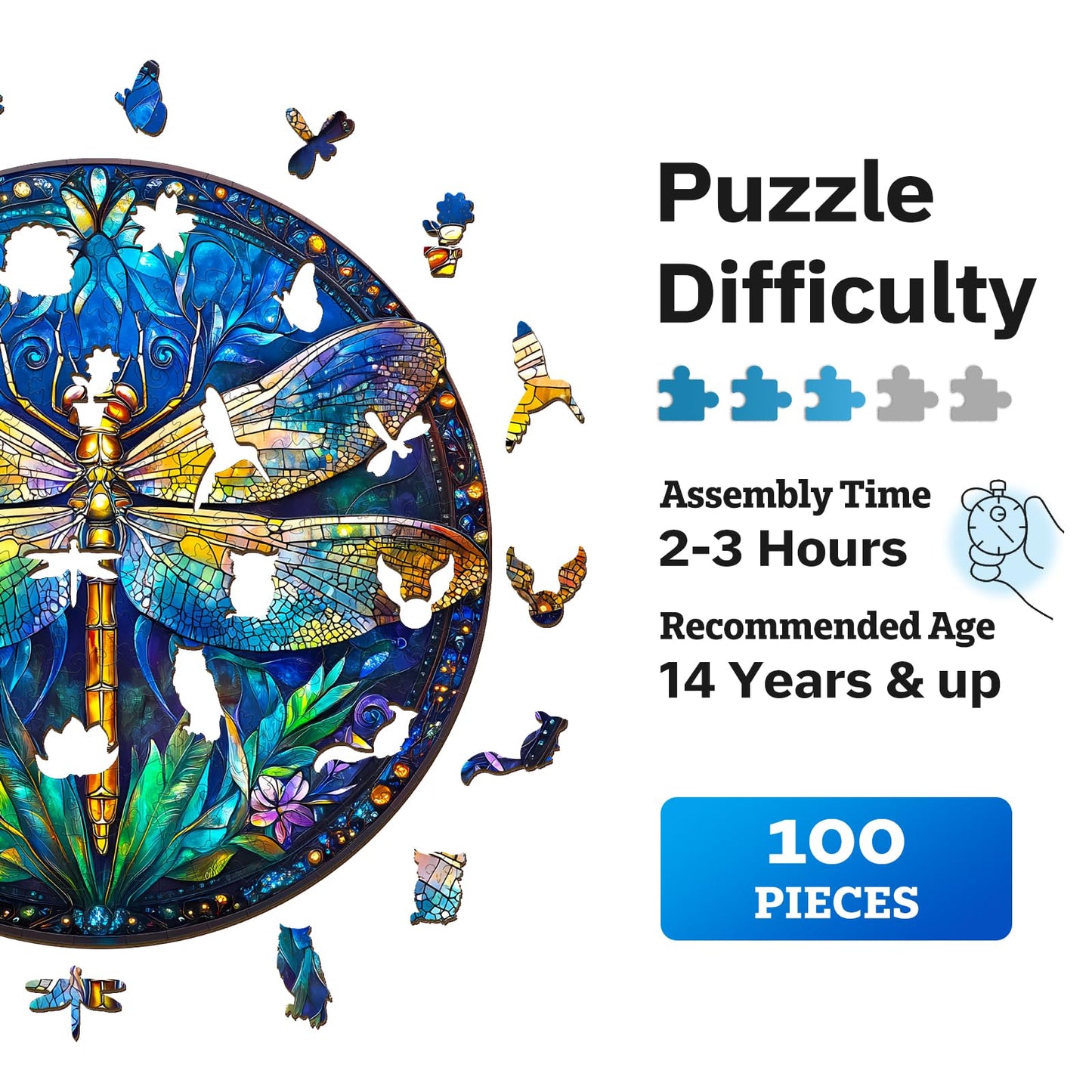 Jigfoxy Wooden Puzzles for Adults, Retro Dragonfly Wood Puzzles Adult, Unique Animal-Shaped Wooden Jigsaw Puzzles for Adults, Christmas Thanksgiving Gifts for Family and Friends (S-8.5*8.5in-100pcs)