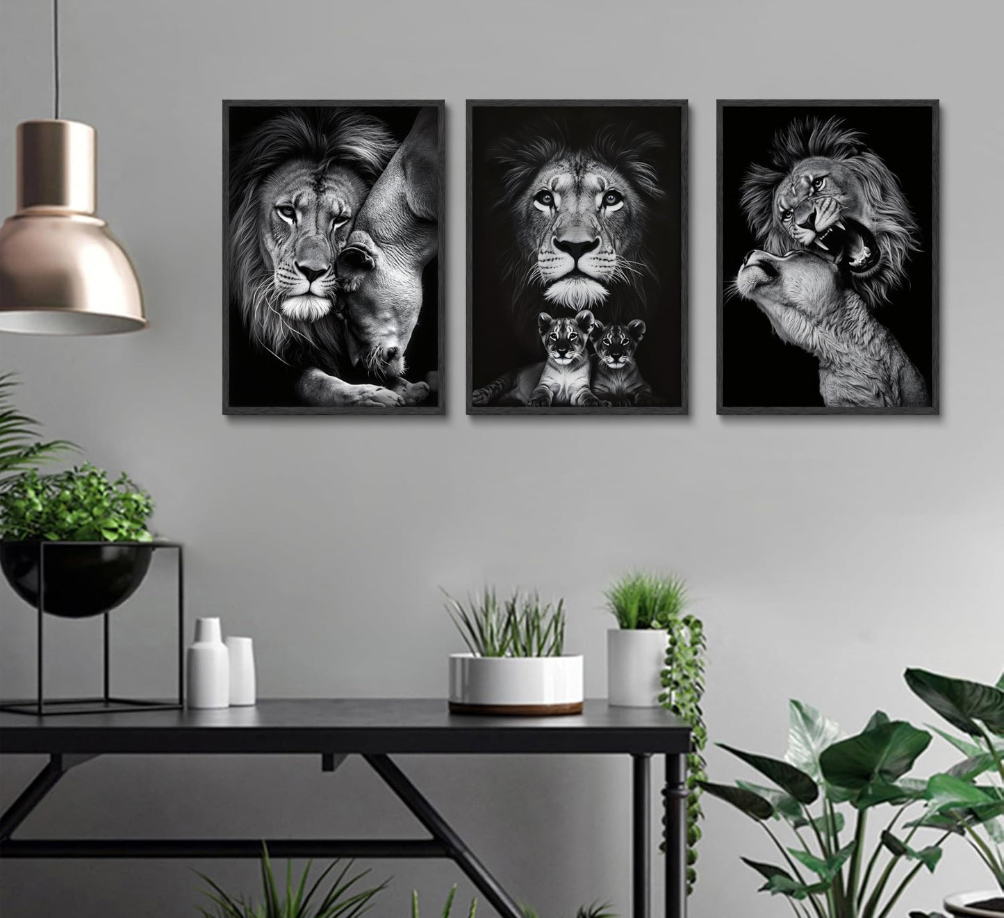 3pcs Black and White Lion Family Triptych Wall Art Canvas Paintings Animal Posters Prints Pictures Wall Decor for Bedroom Living Room Office Decoration Unframed