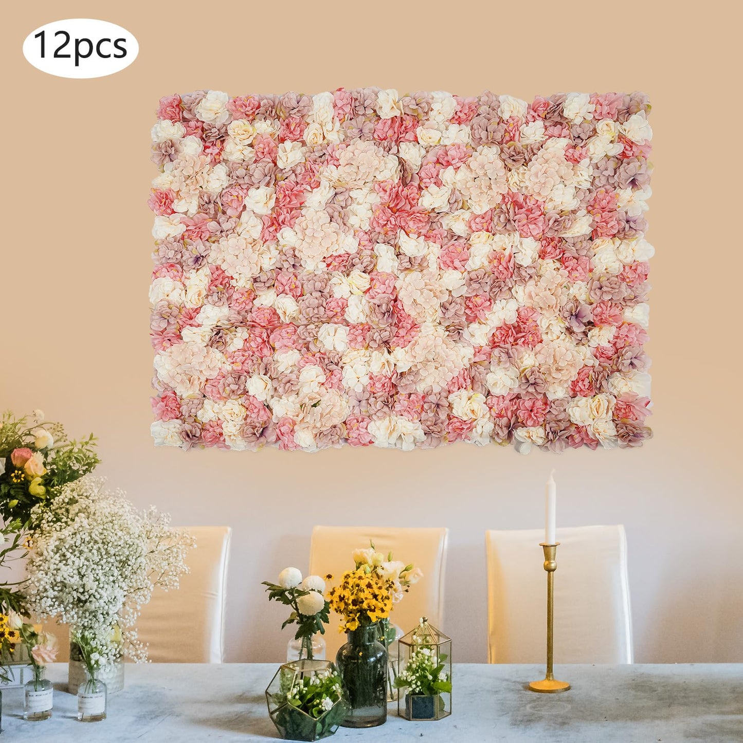 NeNchengLi 12Pcs Artificial Flower Wall Panel 3D Floral Backdrop Walls15 X 15" Flower Wall Decor Panel Flower Backdrop for Party Home Background Decor-Champagne, White, Pink