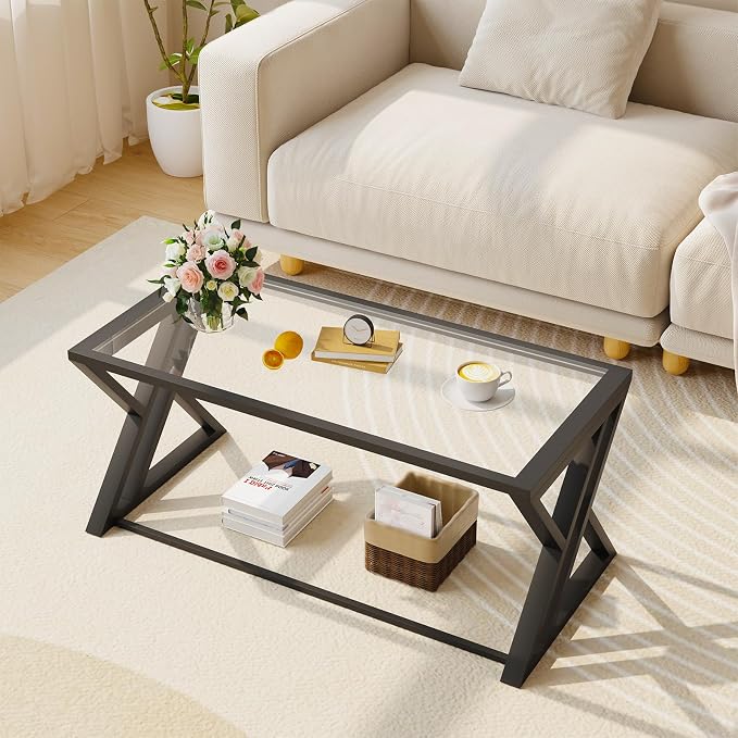 Wolawu Coffee Table Black Glass Coffee Table for Living Room,Modern Rectangular Center Table with Sturdy Metal Frame,Tempered Glass Table Tea Tables for Bedroom Home Office