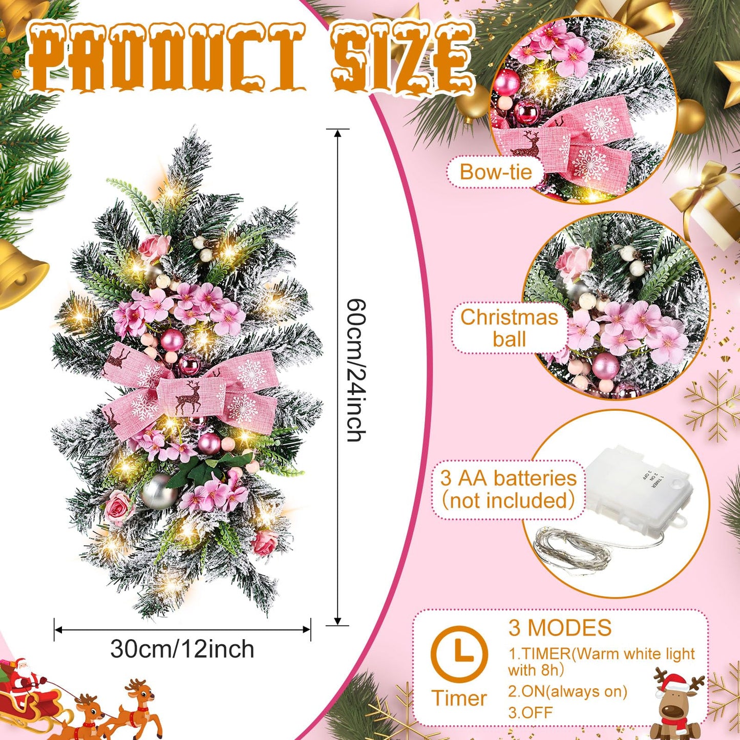 Lyrow 4 Pcs Cordless Prelit Christmas Artificial Swags 24" Xmas Stairway Swag Teardrop Trim with Timer Christmas Staircase Decoration Battery Operated Garland for Indoor Outdoor Railing Decor, Pink