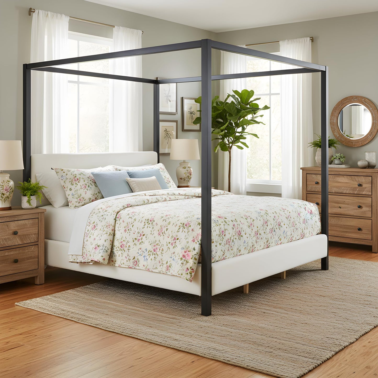 Merax King Size Modern Canopy Bed Frame, Merax Black Metal Platform Bed with Bouclé Upholstered Headboard, Four-Poster Design Wooden Slats Support Bedroom Bed Frame