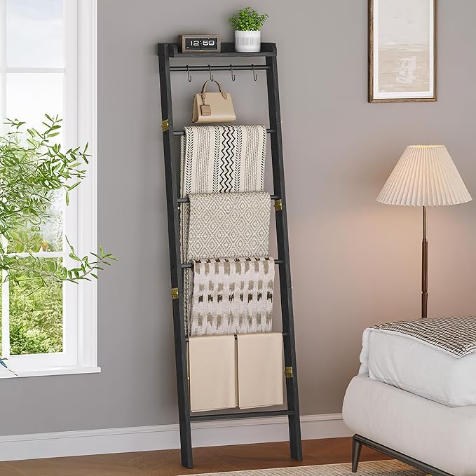 Hzuaneri Blanket Ladder Shelf, Decorative Quilt Rack, 7-Tier Farmhouse Ladder Holder Organizer with 4 Removable Hooks 7.9" D x 17.3" W x 66.9" H, Black BR36804B