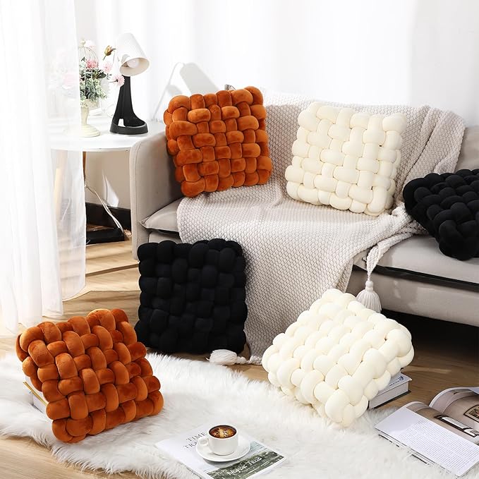 Wenqik 2 Pcs Knot Pillows Square Knotted Plush Throws Soft Accent Pillows Decoration Cushion for Couch Home Office Living Room Bedroom Bed Sofa Decor, 12'' x 13''(Ivory,Crystal Velvet)