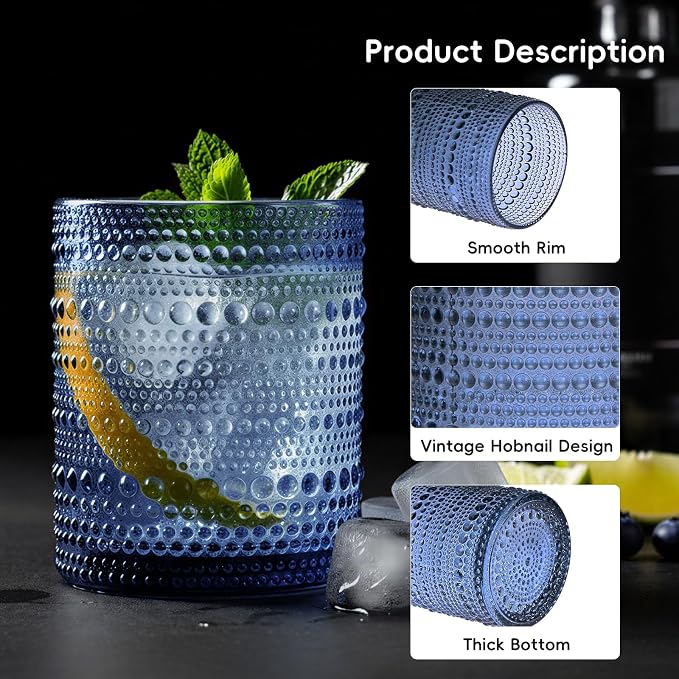 Moretoes Hobnail Drinking Glasses Set of 16, 12 Oz Highball Glasses & 10 Oz Cocktail Glasses, Clear Embossed Boho Glass Cups Kitchen Bar Tumbler Glassware Set for Whiskey, Beer, Juice, Milk (Blue)