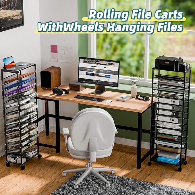 Ekisemio 15 Tier Rolling File Cart, Sturdy and Durable Desk File Organizer with Metal Mesh Letter Tray, Heavy-Duty Rolling Clutter Cart for Office, Home, School, Black
