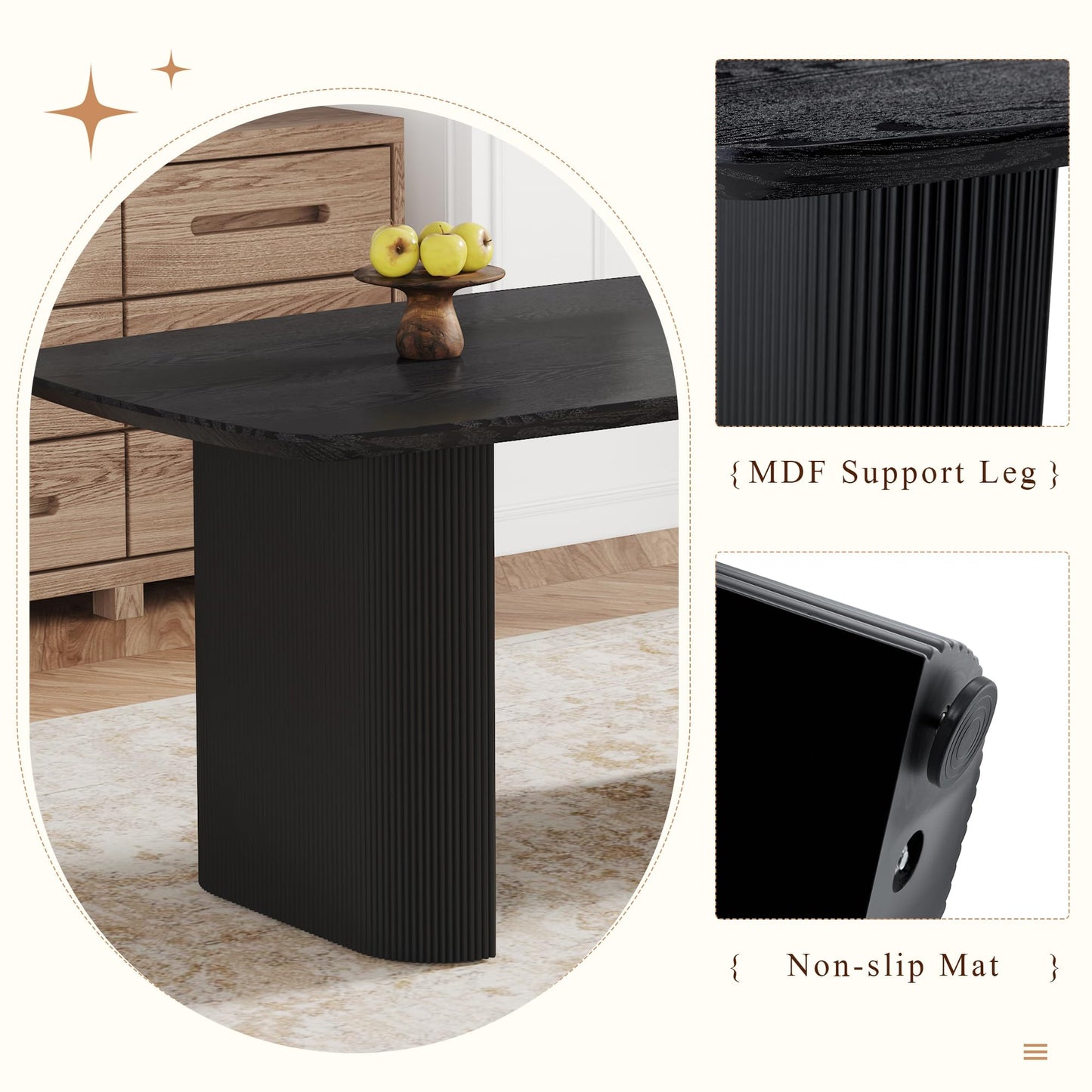 Ebullient Modern Dining Table for 6-8 People, 67'' Black Oval Kitchen and Dining Room Tables, 3.5'' Thick Wood-Patterned Tabletop with Matte Black Tablelegs, Space Saving Kitchen Table