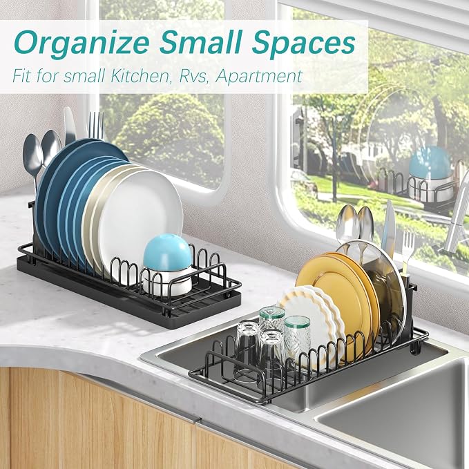 Giwil Small Dish Drying Rack, Compact Dish Rack with Silicone Tray and Caddy, Multifunctional Dish Drainer Sink Drying Rack for Kitchen Counter & Over the Sink, Stainless Stell, Black