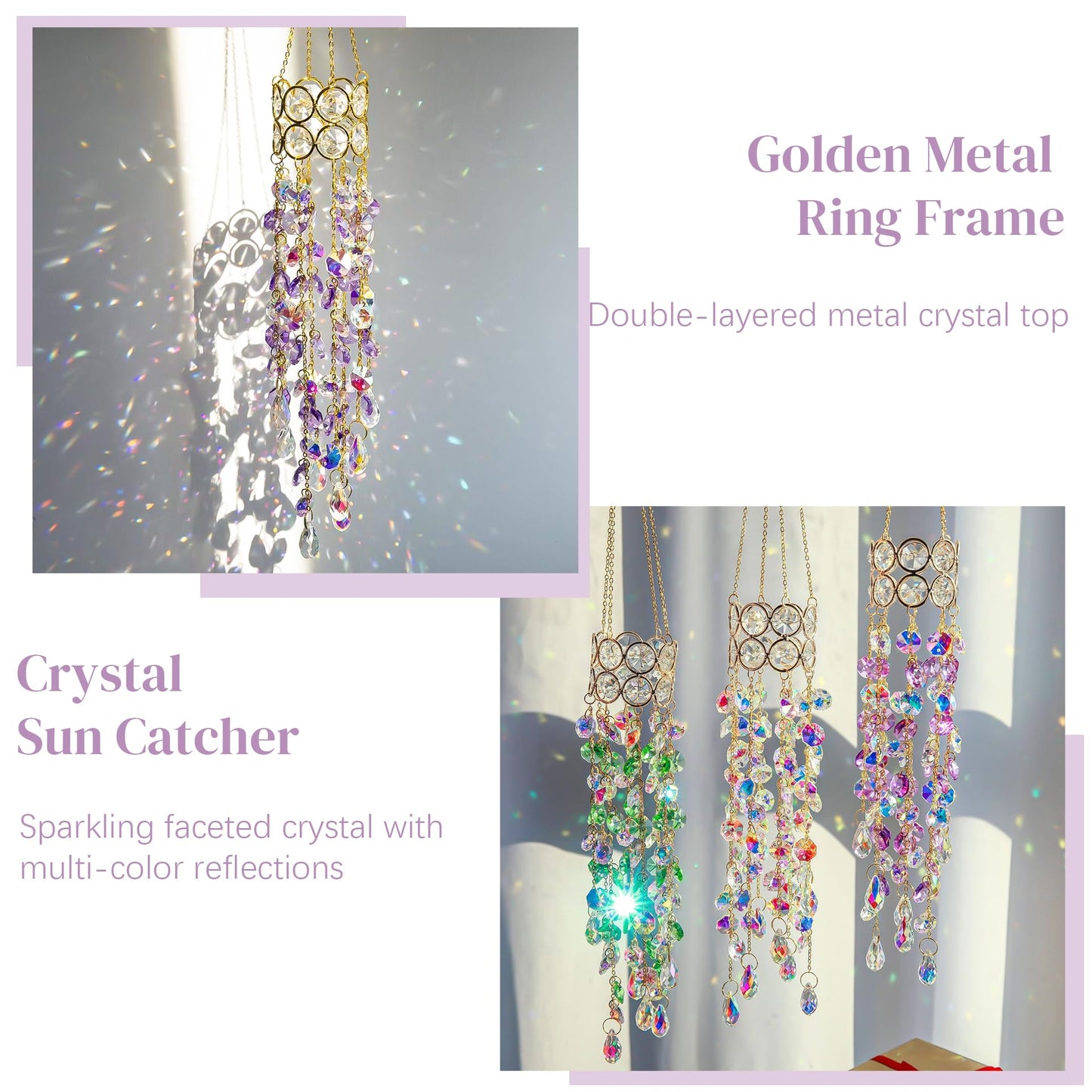 H&D HYALINE & DORA 19'' H Crystal Suncatchers Windows Hanging Crystals Sun Catcher Prisms with Purple Beads Chain Gold-Plated Sun Catcher for Indoor and Outdoor Decor