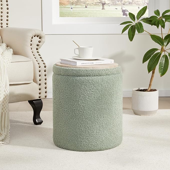 Royal Windsor Boucle Round Ottoman with Storage Set of 2,Small Foot Stool Ottoman for Living Room,Small Coffee Table, Vanity Stool with Storage for Bedroom, Green