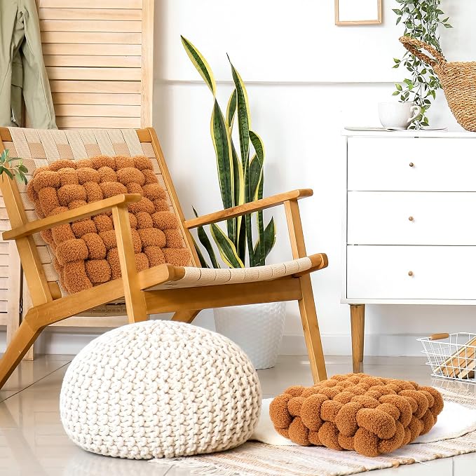 Wenqik 2 Pcs Knot Pillows Square Knotted Plush Throws Soft Accent Pillows Decoration Cushion for Couch Home Office Living Room Bedroom Bed Sofa Decor, 12'' x 13''(Caramel,Lambswool)