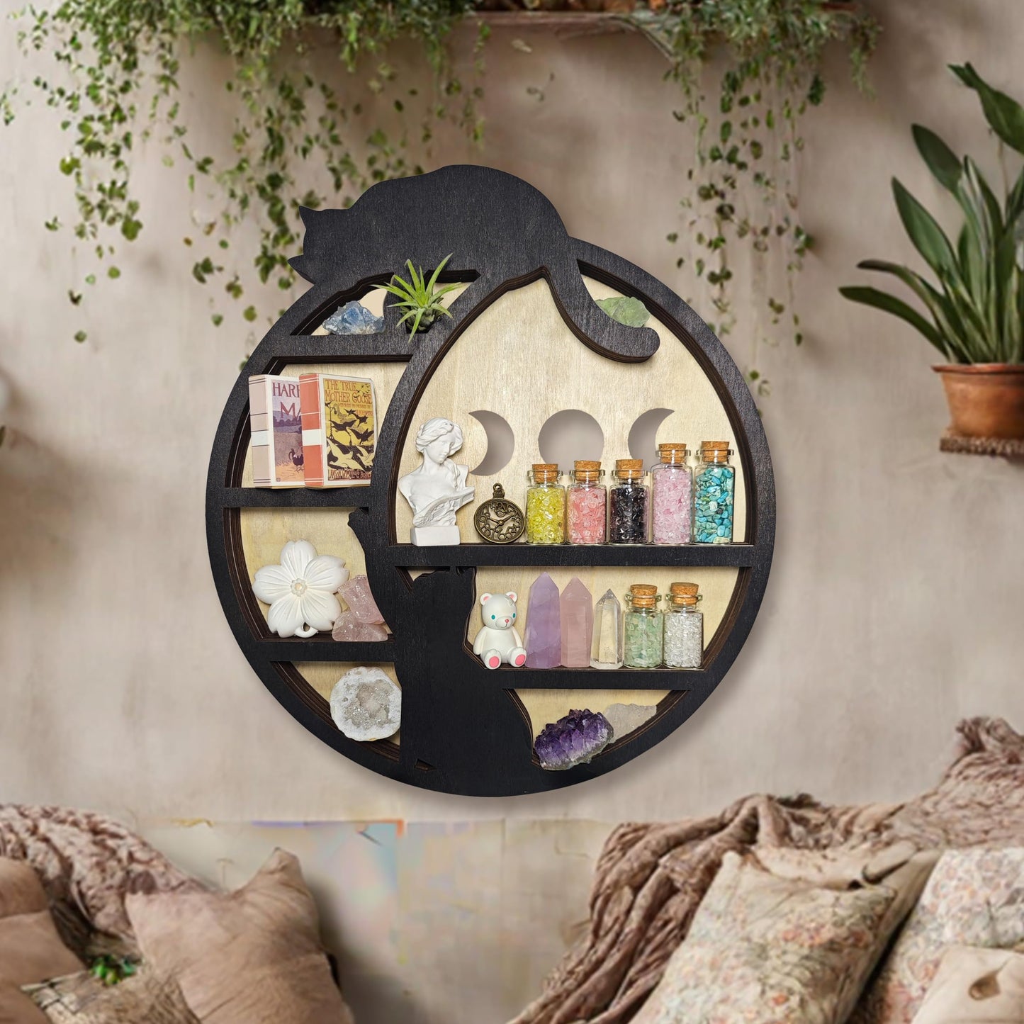 FNYDOX Cats on The Moon Crystal Display Shelf, Wooden Hanging Floating Shelf, Crescent Moon Phase Shelf Stones Essential Oil Organizer Rock Storage Gem Holder Wood Gothic Witchy Boho Home Wall Decor