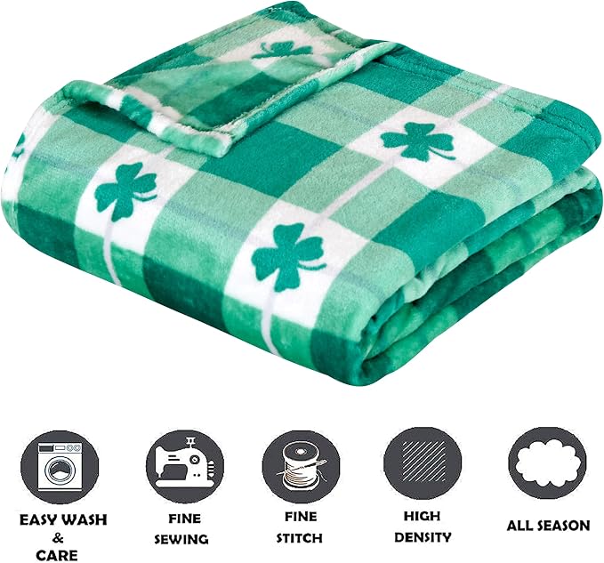 Elegant Comfort Luxury Velvet Super Soft Irish Green Clover Shamrock Print Fleece Blanket-St Patricks Day Theme Décor Fuzzy Warm and Cozy Throws for Couch and Gift, 50 x 60 inch, Lucky Plaid Clover