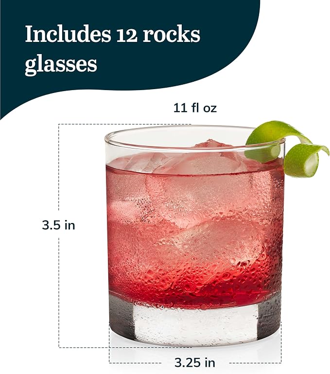 Libbey 917CD Heavy Base Rocks Glasses Set of 12, Rocks Glass Cups Set with Simple Lines, Elegant Old Fashioned Glass for Whiskey,Cocktails and More