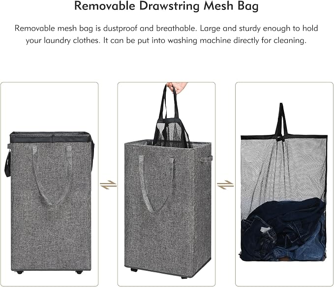 DOKEHOM 90L X-Large Laundry Basket with Removable Wash Bag on Wheels, Collapsible Rolling Laundry Hamper, Foldable Clothes Organizer, Folding Washing Bin (Linen Grey)