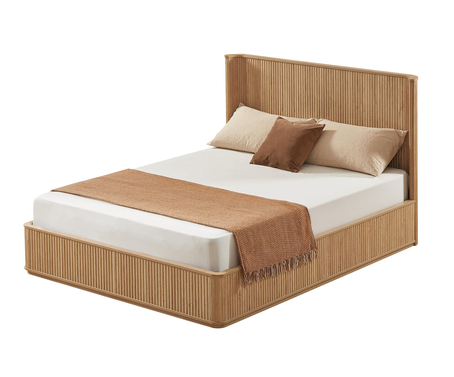 KEIKI Queen Bed Frame with 44" Tall Fluted Headboard, Natural Oak Platform Bed Frame, Modern Wood Bed Frame with Solid Slats, No Box Spring Needed, Noise-Free, Easy Assembly