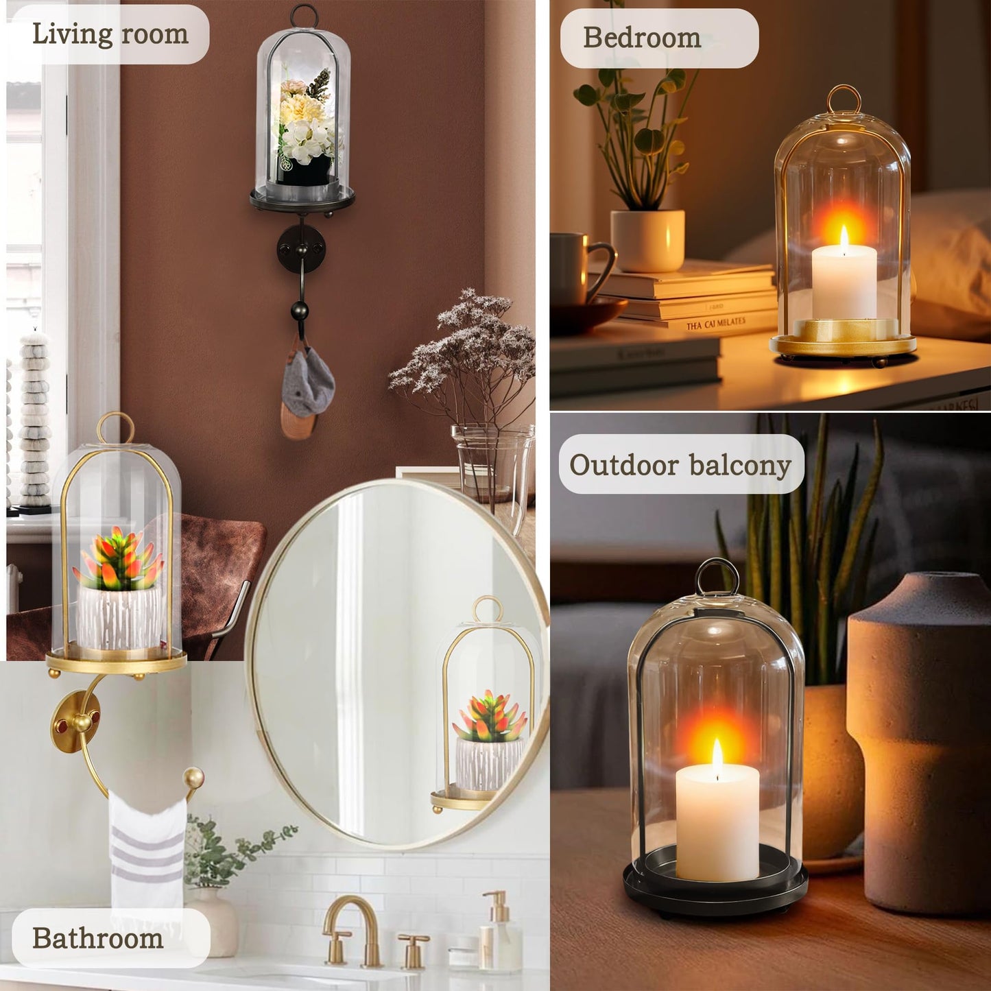 MAUYAR Metal Wall Hurricane Glass Candle Sconce Holder for Pillar Candle & Plant, Modern Farmhouse Decor Candle Lantern with Hand Towel Rack (Gold)