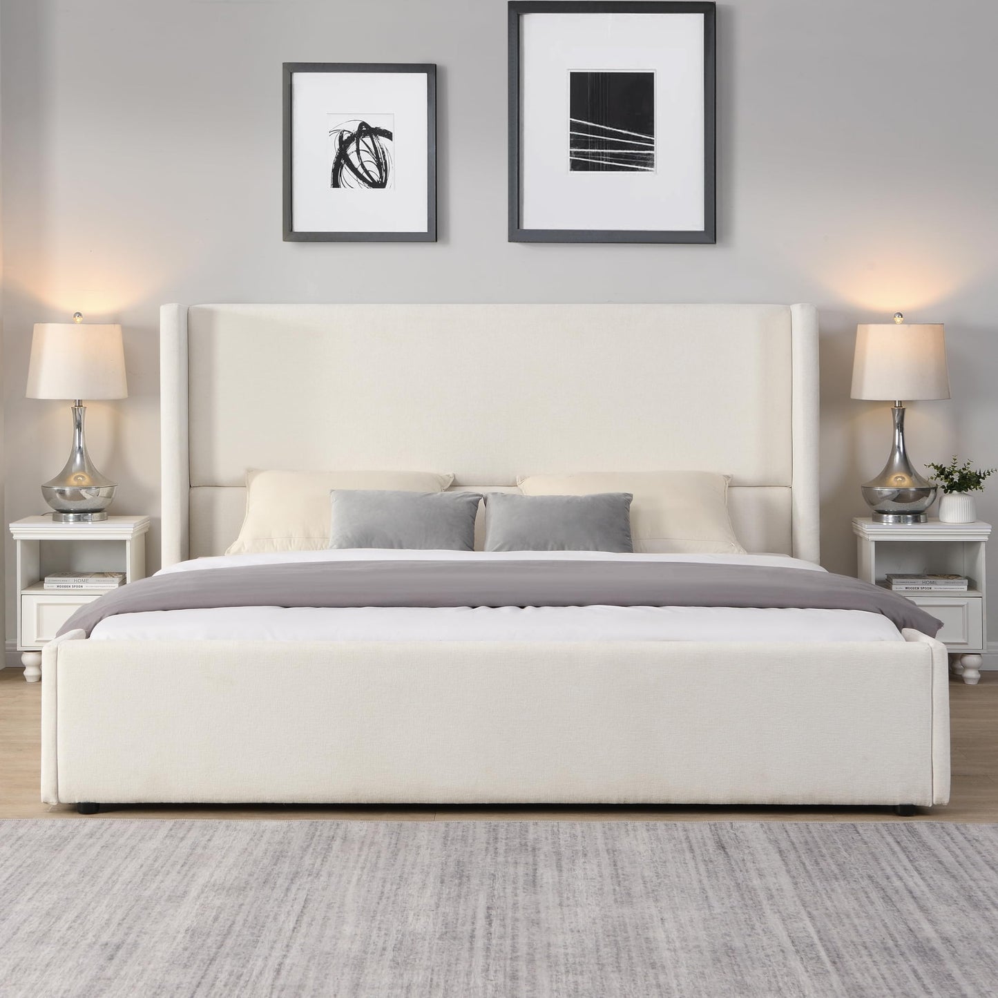 Merax King Size Bed Frame, Elegant White Upholstered Platform Bed with 41.1" Tall Wingback Headboard for Bedroom, Solid Wood Slats Support, No Box Spring Needed, Easy Assembly
