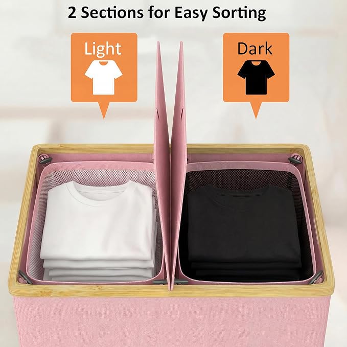 efluky Laundry Hamper with Lid, Double Laundry Basket with 2 Removable Bags, 2 Section Laundry Bin with Bamboo Handles for Bathroom, Bedroom & Laundry Room, 140L (36.9 Gallon) Pink