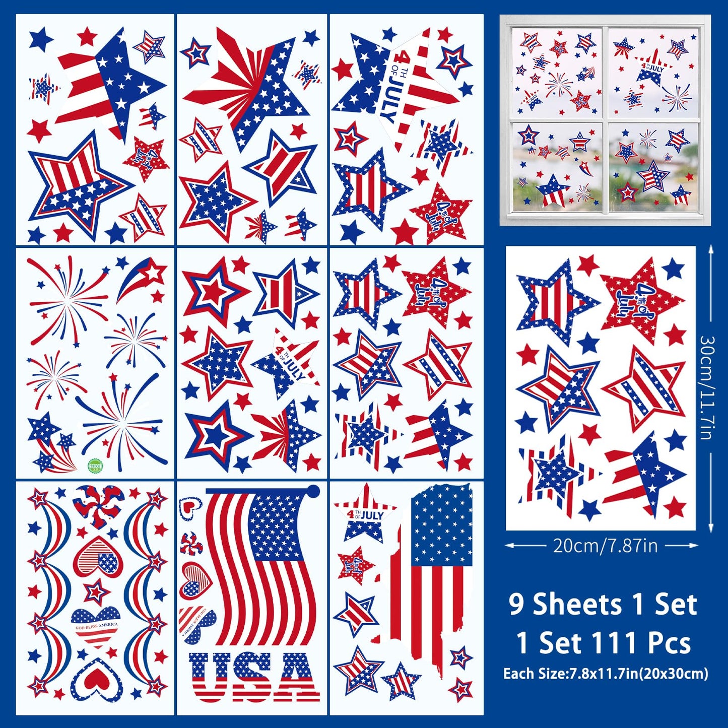 4th of July Window Clings Decorations,111 PCS Reusable Static Summer Patriotic American Flag Stickers for Glass Windows Independence Day,Memorial Day,Veteran's Day,USA Holiday Red White Blue Decor