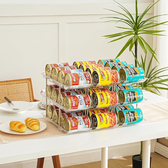 Amllas Can Organizer for Pantry, Stacking Can Storage Organizer Pantry, Automatic Rolling Can Rack for Fridge, 2Tire 3 Columns Can Holder for 24 Cans, Canned Goods Organizer