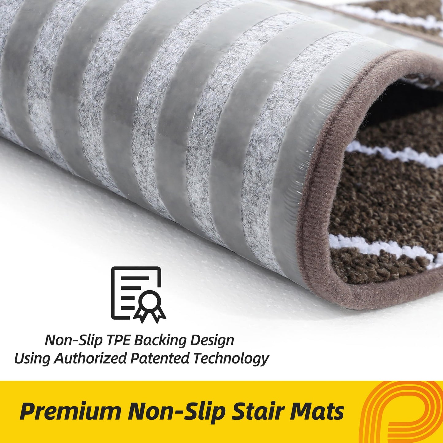 Non-Slip Stair Treads for Wooden Steps Indoor, 15 Pack 9" X 28" Edging Stair Carpet Mat with TPE Backing, 0.4" Thick Stair Runners for Kids Elders & Pets, 100% Polyester Stair Rugs, Brown&White