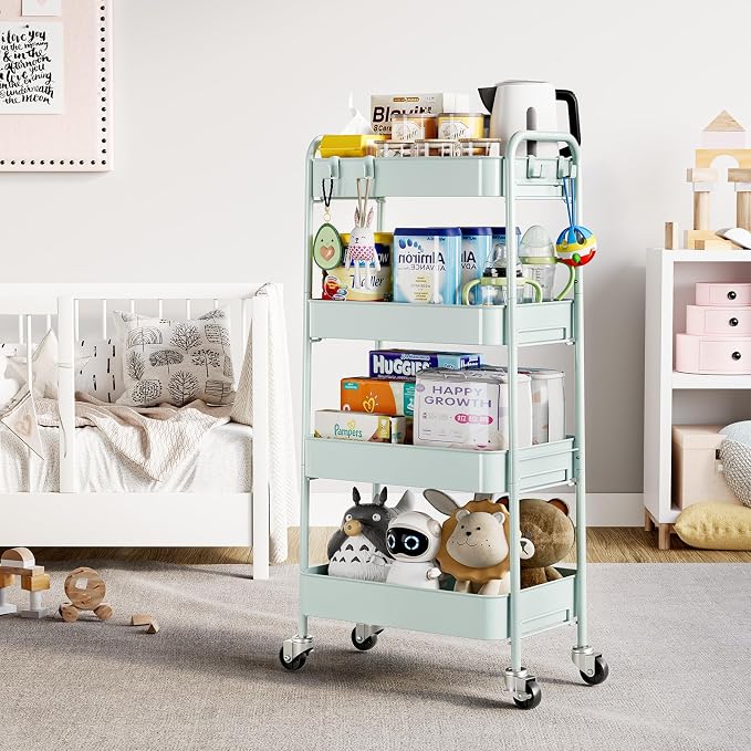 TOOLF 4-Tier Rolling Cart - Metal Storage Organizer with Lockable Wheels, 44 lbs Per Shelf Capacity, Tool-Free Assembly, for Kitchen Bathroom Office Laundry Room Nursery, Green
