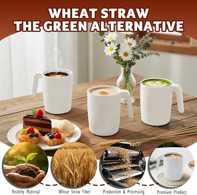 Wheat Straw Coffee Mugs Set of 6, Unbreakable 16 OZ Reusable Coffee Cups, Alternative Plastic Mugs with Handles, Lightweight Mug, Microwave Safe & Dishwasher Safe Mug Set, White
