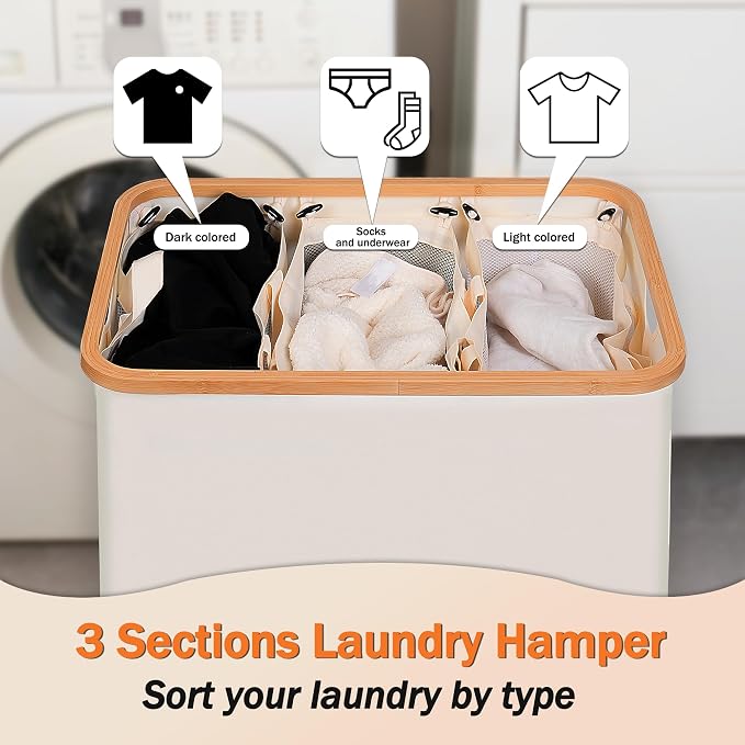 efluky Laundry Hamper with Lid, Trio Laundry Basket with 2 Removable Bags, 3 Section Laundry Bin with Bamboo Handles for Bathroom, Bedroom & Laundry Room, 160L (42.3 Gallon) Beige