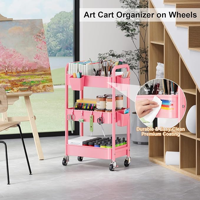 3 Tier Rolling Cart with Wheels, Metal Utility Storage Cart on Wheels, Craft Carts Organizer with Hanging Cups, Hooks, Three Tiered Rolling Carts for Bathroom, Laundry Room, Nursery, Office, Pink