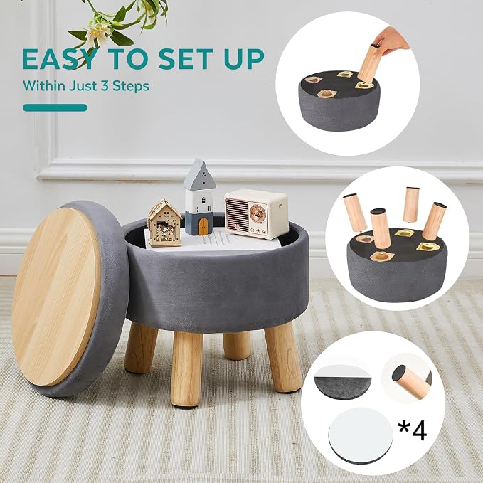 Small Foot Stool Ottoman with Storage, Velvet Ottoman Foot Rest for Couch, Round Footstool with Storage, Small Ottomans and Footstools for Living Room and Entryway (Gray)