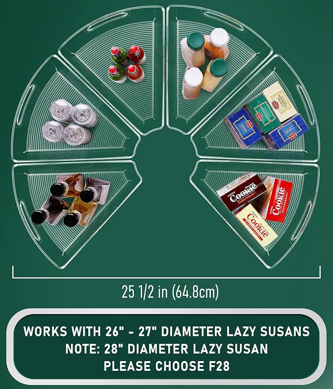 JEISSLIA Lazy Susan Cabinet Organizer Bins for 26"/ 28"/ 32" Diameter Corner Organizer, Plastic Cabinet Storage Bin, 1/8 Wedge - Food Safe, BPA Free, with Non-Slip Pads (for 26" Diameter, 6 Pack)