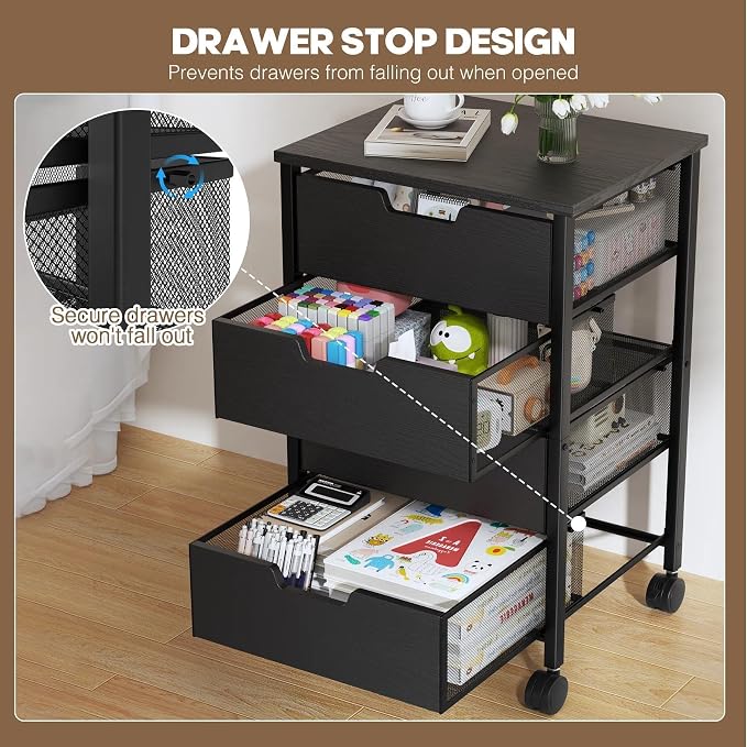 Rolling Cart with Drawers, Wooden Top and Front, with Wheels Metal Under Desk Storage Cart with 4 Drawers, for Office, Bedroom, Classroom, Home, Black