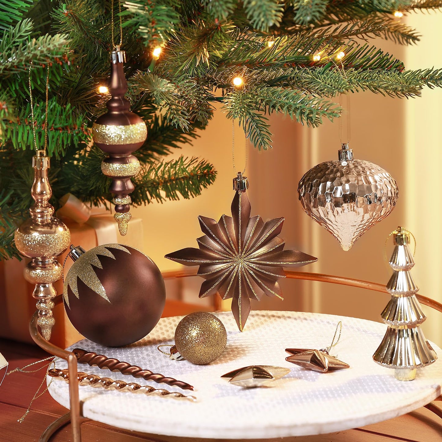SHareconn 80pcs Christmas Balls Ornaments Set, Contemporary Luxury Gift Set, Shatterproof Plastic Bronze Decor for Xmas Tree Holiday Wedding Party Decorations with Hanging Strings, Brown Copper Gold