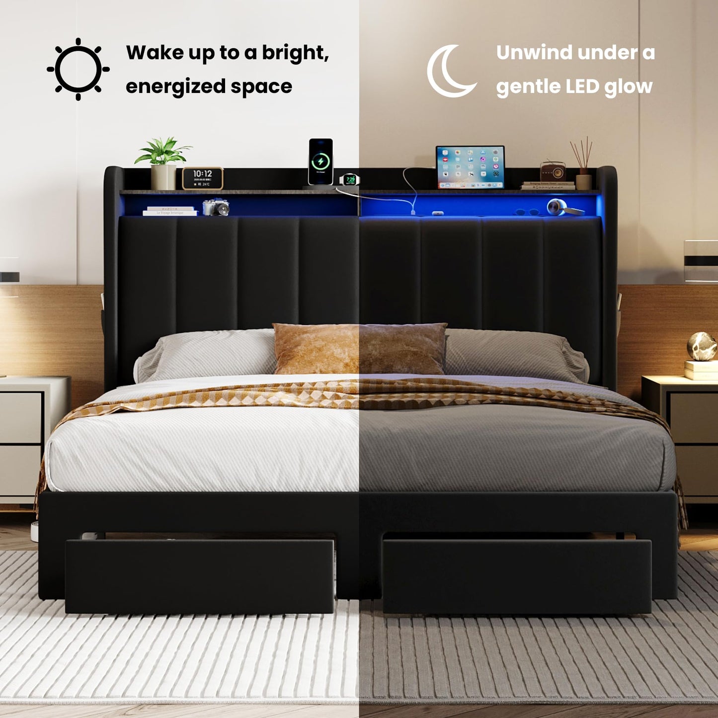 SHA CERLIN Velvet Full Size Bed Frame with Vertical Channel Tufted Wingback Headboard & 2 Storage Drawers/2-Tier Shelves with LED Lights & Charging Station/Noise-Free/No Box Spring Needed/Black