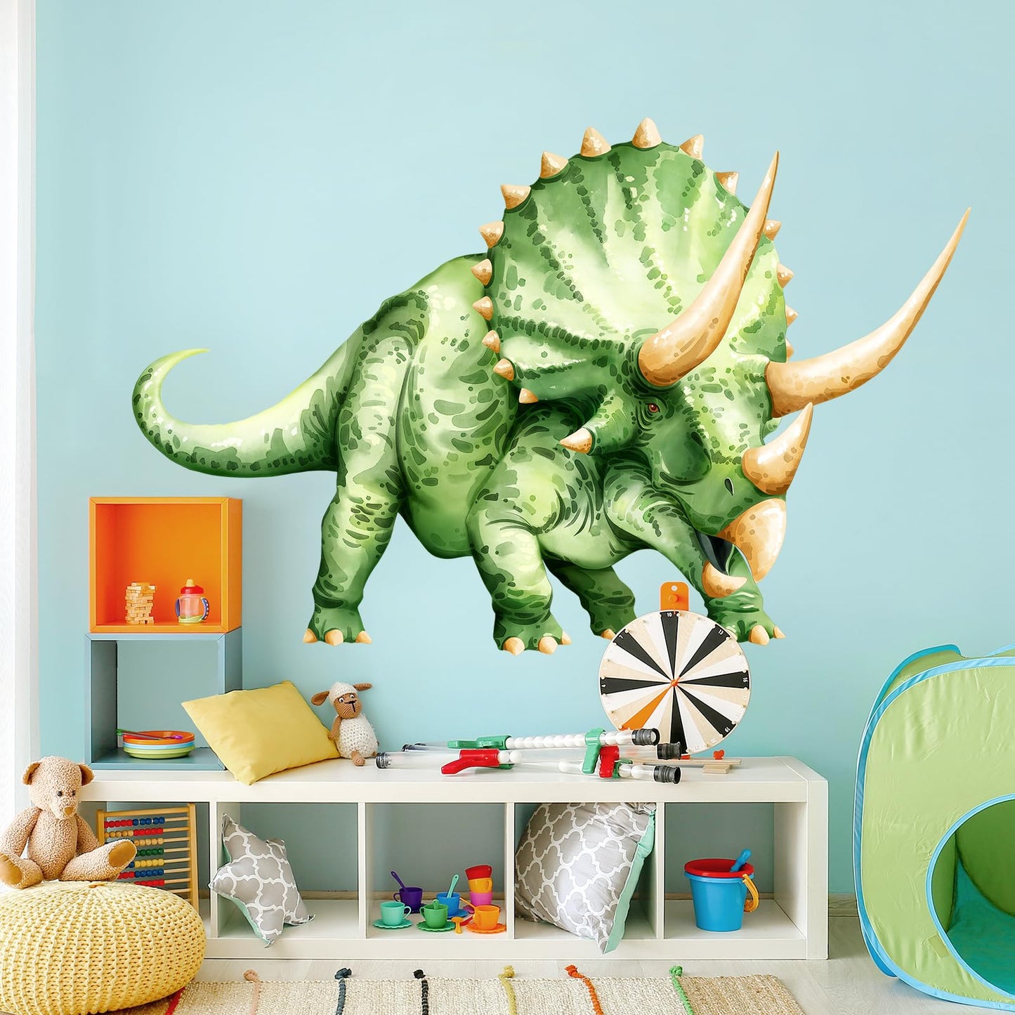 Large Dinosaur Wall Decals, Green Triceratops Dino Wall Stickers Vinyl Peel and Stick Wall Decal Self Adhesive Wall Art Sticker for Baby Nursery Kids Room Home Decor (53.7 * 34.4in)