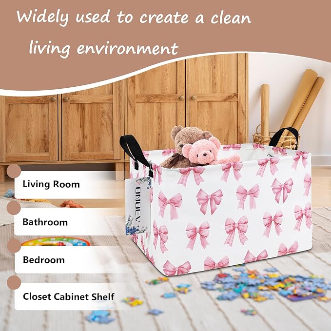 Rectangular Pink Bow Storage Basket,Collapsible Storage Bin for Nursery,Cute Bow Toy Storage Organizer for Kids Girls,for Home,Bedroom,Playroom,Closet,New Parent Gift(Pink Knot)